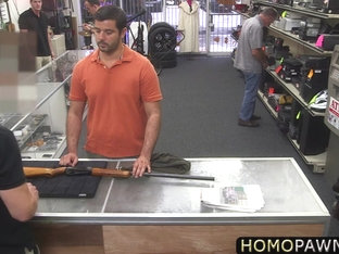 White hot man sucked two hard rock dick in the shop for a couple of bucks